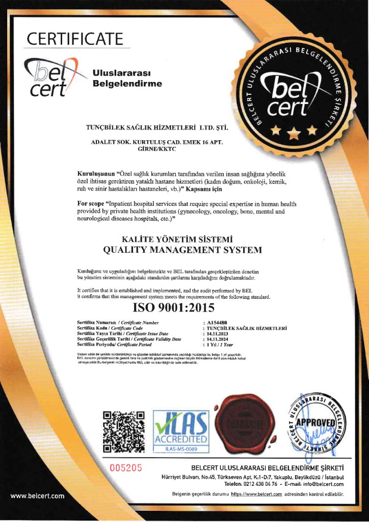 ISO 9001:2015 Kalite Yönetim Sistemi sertifikası — Tunçbilek Sağlık Hizmetleri Ltd.